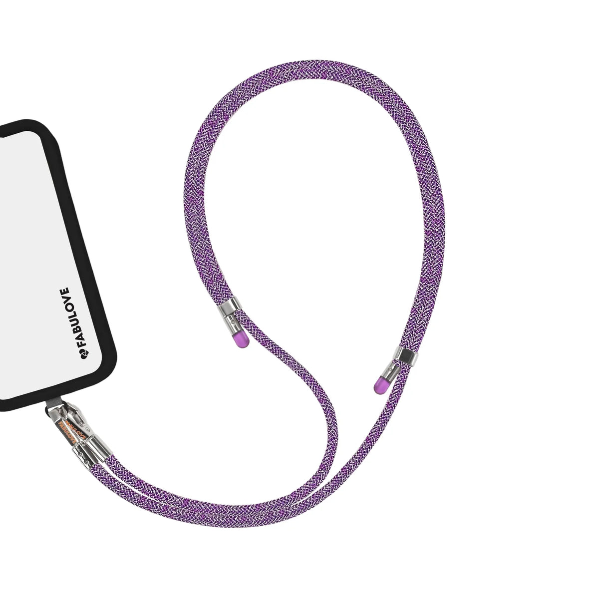 Adjustable Amethyst Purple phone crossbody strap secured to iPhone charging port
