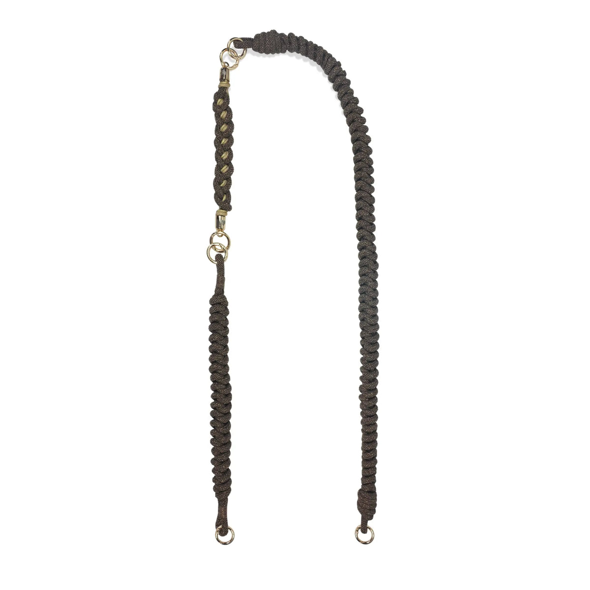 Caramel brown strap components separated: long shoulder carrier, wristlet safety band and keychain strap