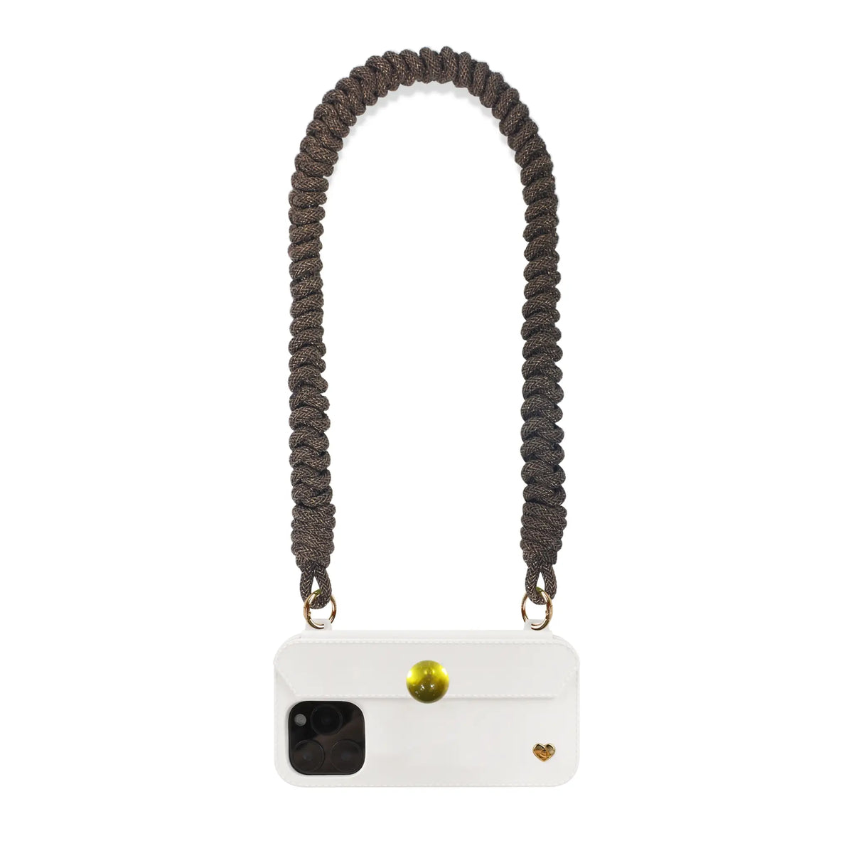 Caramel brown strap worn as shoulder bag strap with FABULOVE phone case