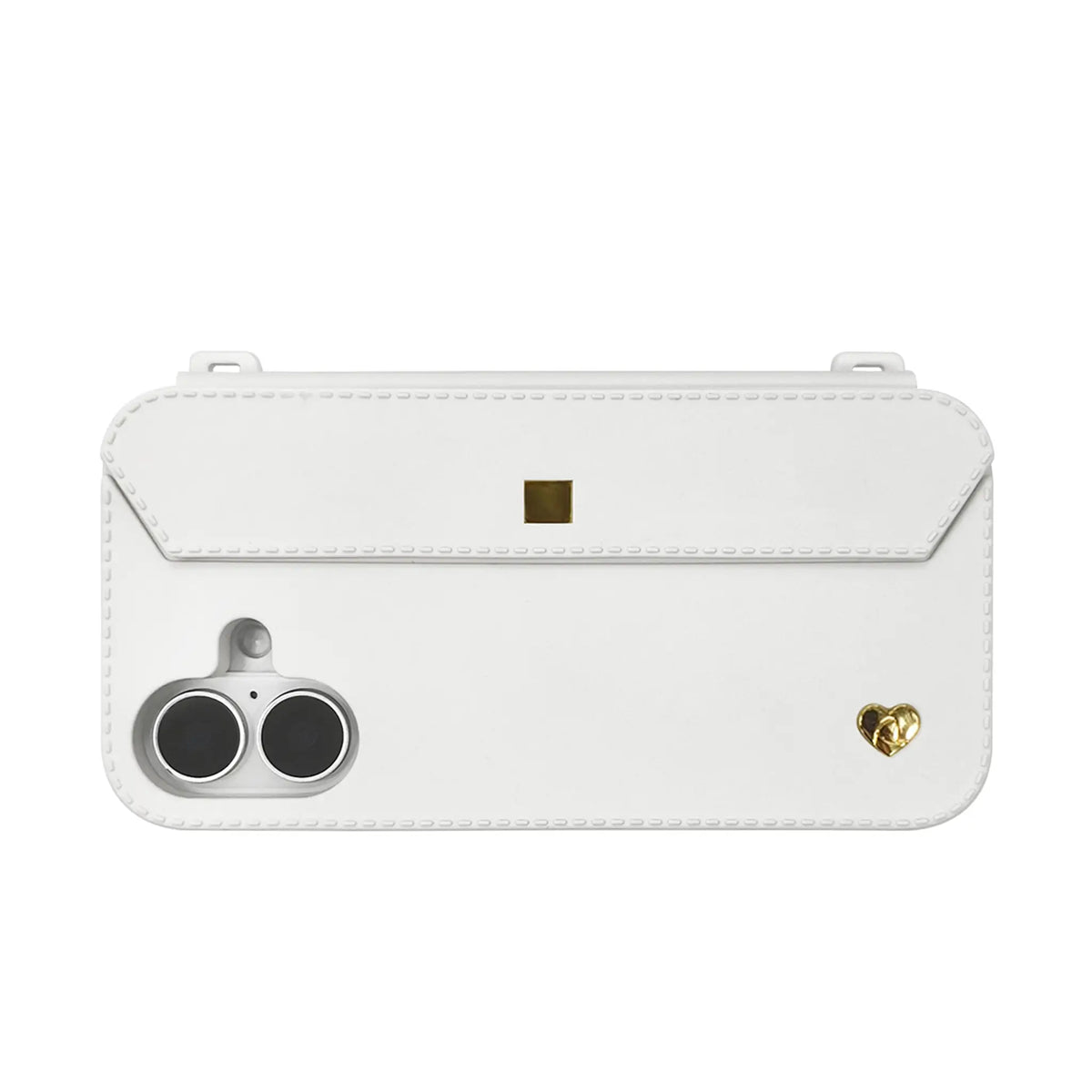 Fresh take: White silicone case with gold strap ears protecting dual-lens iPhone 16 cameras