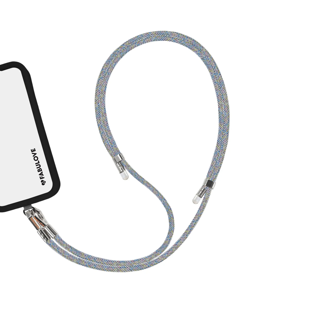 Adjustable Iridescent phone crossbody strap connected to iPhone charging port