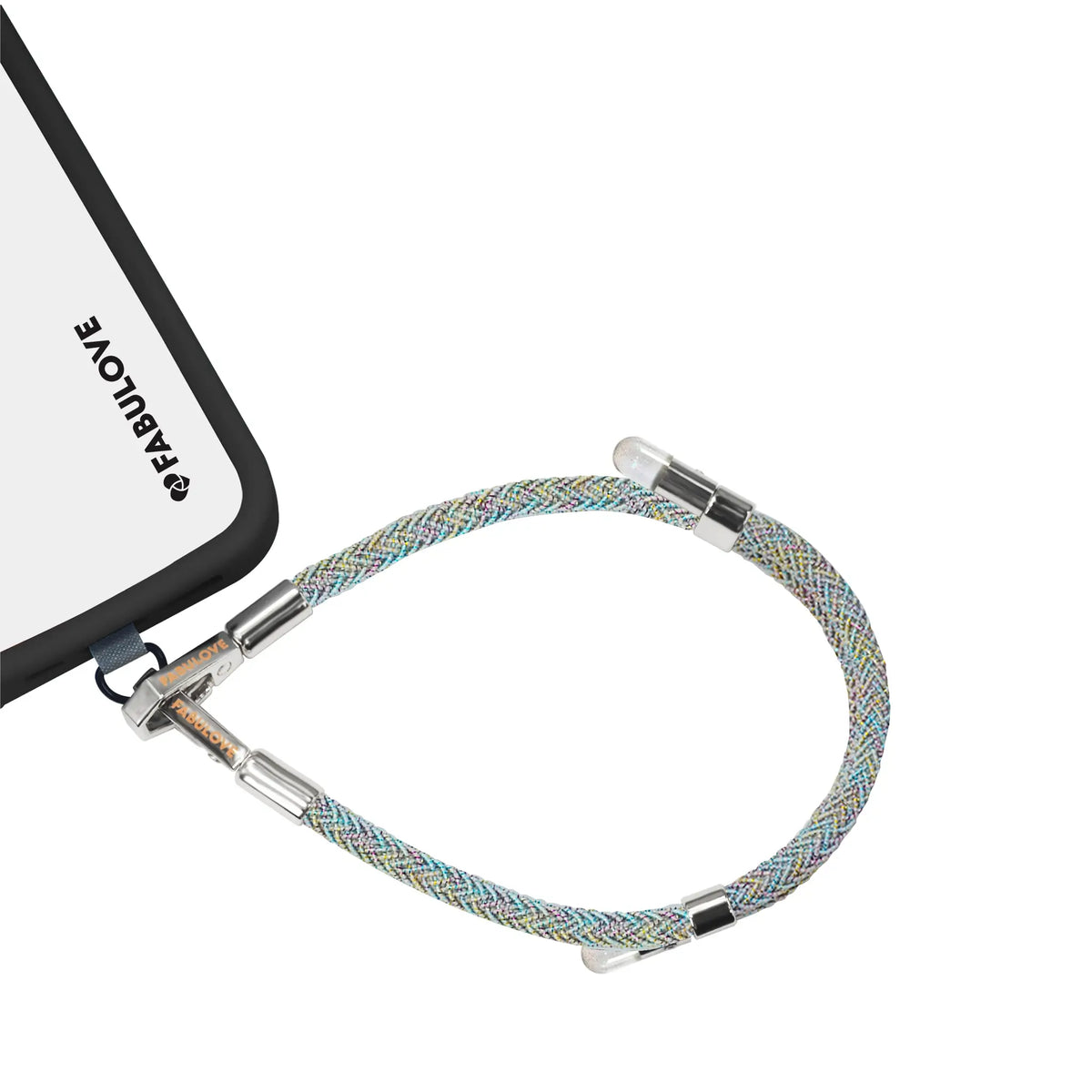 Adjustable Iridescent phone strap connected to iPhone charging port