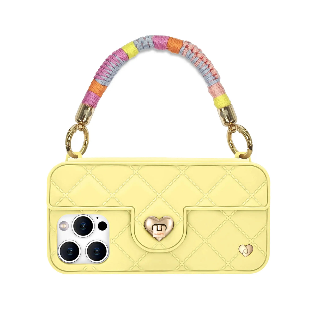 The pastel dream braided strap attached as a phone handle on a SOL Buttermilk phone case, demonstrating secure attachment.