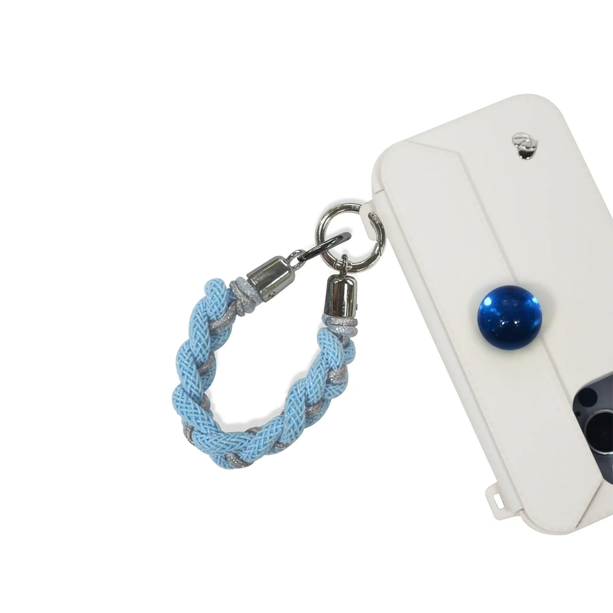 Mini handle strap clasped to phone case ear as phone charm in peacock blue 