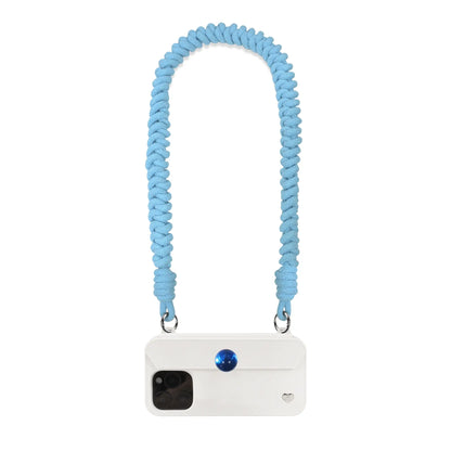 Long peacock blue strap attached to FABULOVE case as shoulder bag strap