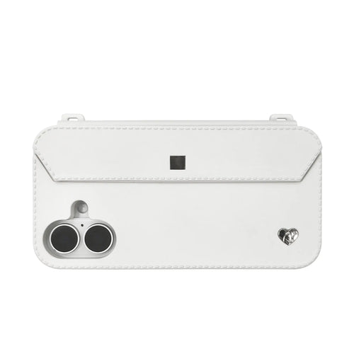 Sleek profile: Silver strap-ready ears on minimalist white iPhone 16 case with dual-camera guard