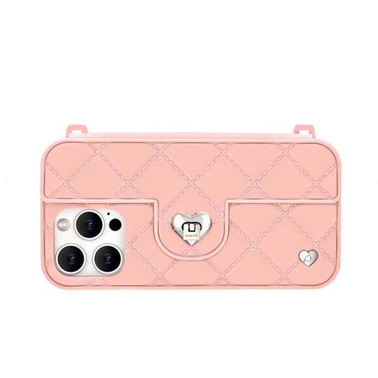 Vibrant pink iPhone purse case with gold accents and card compartment