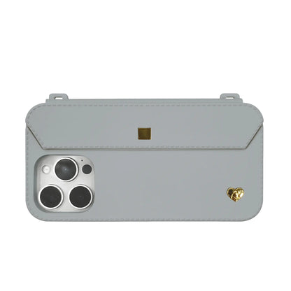 Close-up back view of the stylish Etoupe Grey and Gold iPhone 16 Pro case made from recycled silicone.