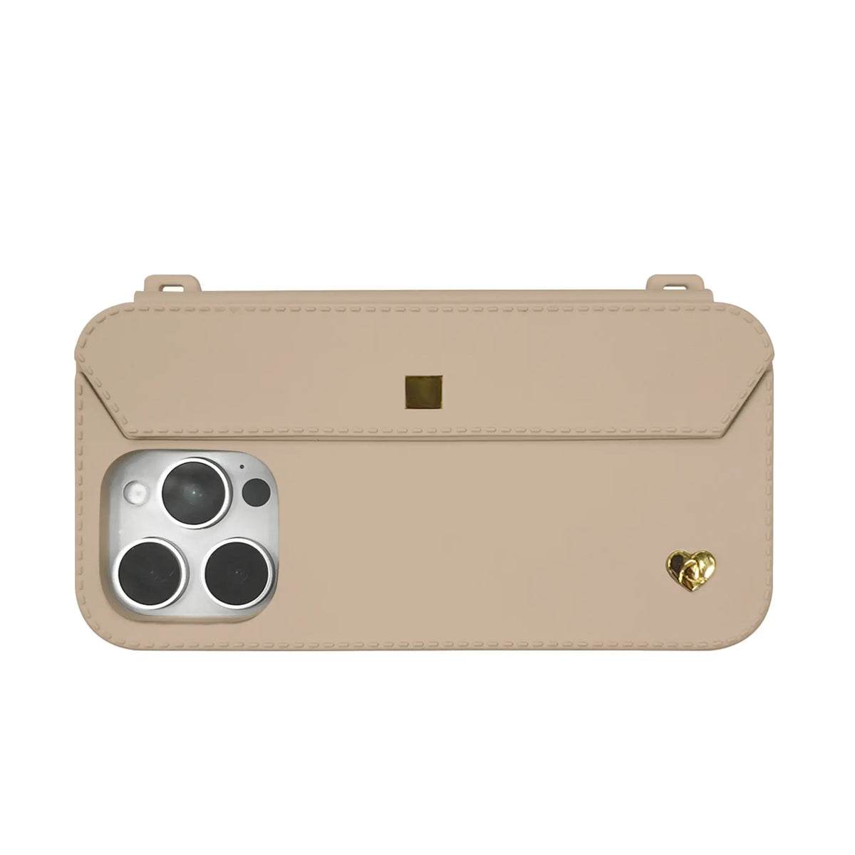 Stylish and protective recycled silicone case for iPhone 16 in a neutral Nude Beige and gold colorway.